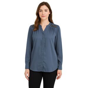 Jacklyn Smith Small Slate Blue Blouse Beaded Shoulders Button Shirred Front Glam